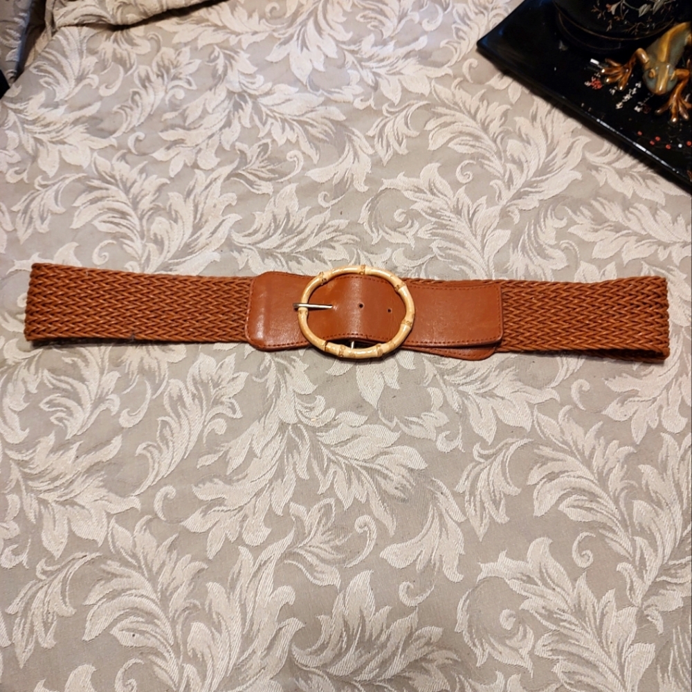 🤎Delightful 80's Vtg Tawny Caramel Brown Woven Leatherette & Bamboo Belt - L/XL
